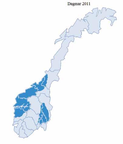 Dagmar, julen 211 Orkanvarsel Vindkast målt opp til 84,4 m/s (orkan vindstyrker over 32,7 m/s) 1