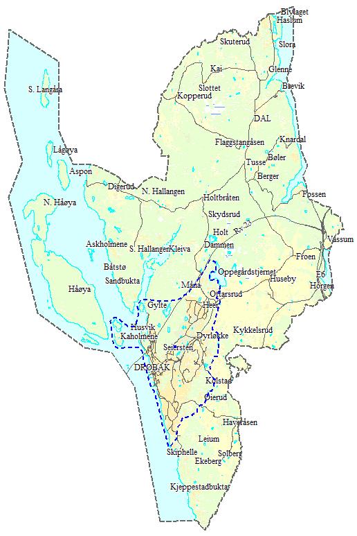 Tettsted: Drøbak (bygrense i kart) ca. 15730 innbyggere ca. 3000 hytter Totalareal ca 115 km2 ca. 16 km2 dyrka mark ca. 15,5 km2 bebygd areal (inkl. vei) ca. 80 km kystlinje (inkl.