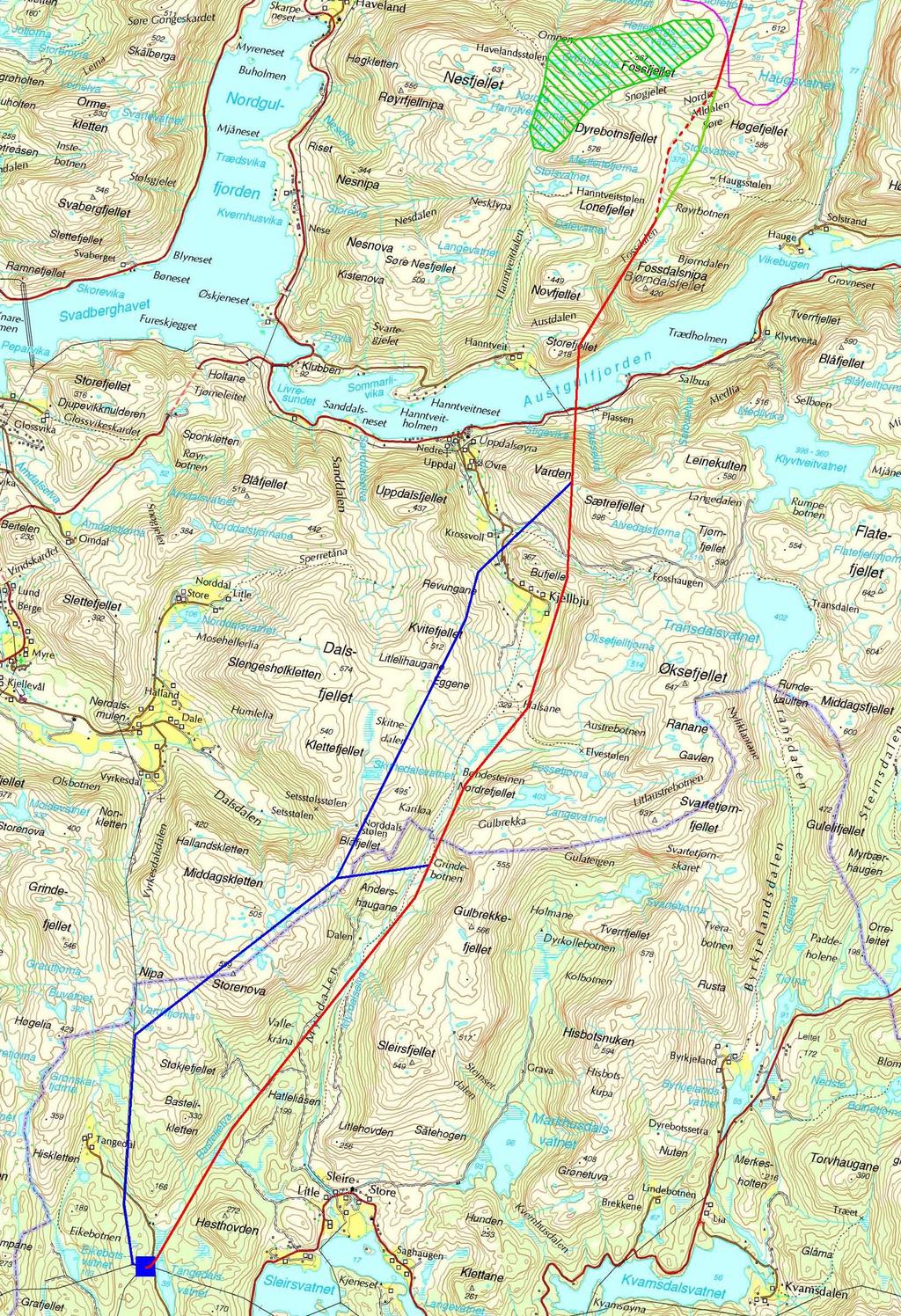 Dalsbotnfjellet vindkraftverk 2.0 NYE TRASEER FOR 132 KV LEDNING DALSBOTNFJELLET - FRØYSET Figur 2 viser et grovt oversiktsbilde på de nye traseene som skal vurderes i dette notatet.