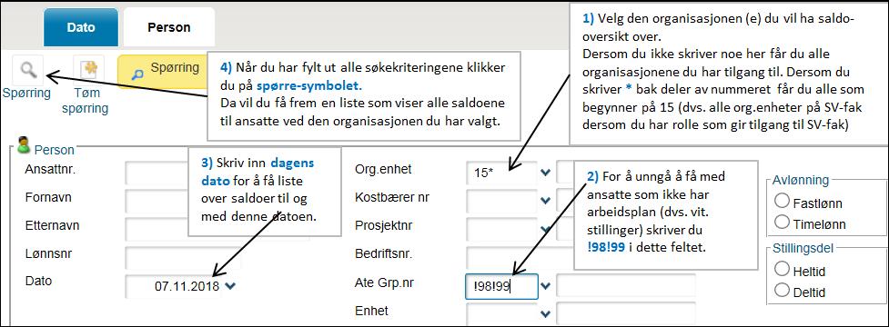 Vi anbefaler at dere bruker rapporten «Saldorapport» for å få ut oversikt over saldo til alle ansatte som dere har tilgang til. Da kan dere bla se hvem som har mye plusstid ev.