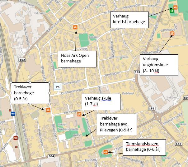 TRAFIKKANALYSE VARHAUG 5 Figur 6: Plassering av skoler og barnehager i Varhaug. Kilde: kart.finn.no, 2017 Varhaug skole er lokalisert i Varhaug sentrum i nærhet til Fv 504. Skolen har ca.