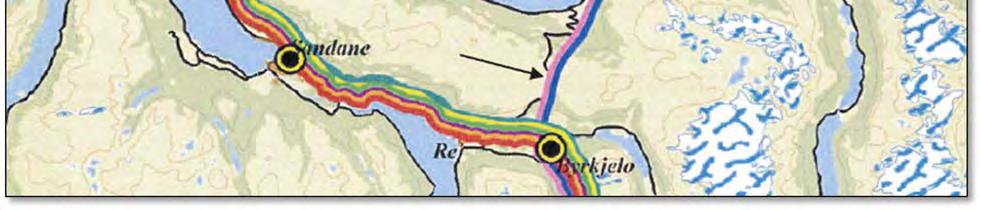 Konsept SV K10 skal leggast til grunn for ny E39 gjennom Nordfjord (vist med rosa linje og markert med pil på kartet). Kartet er henta frå KVU E39 Skei Ålesund.