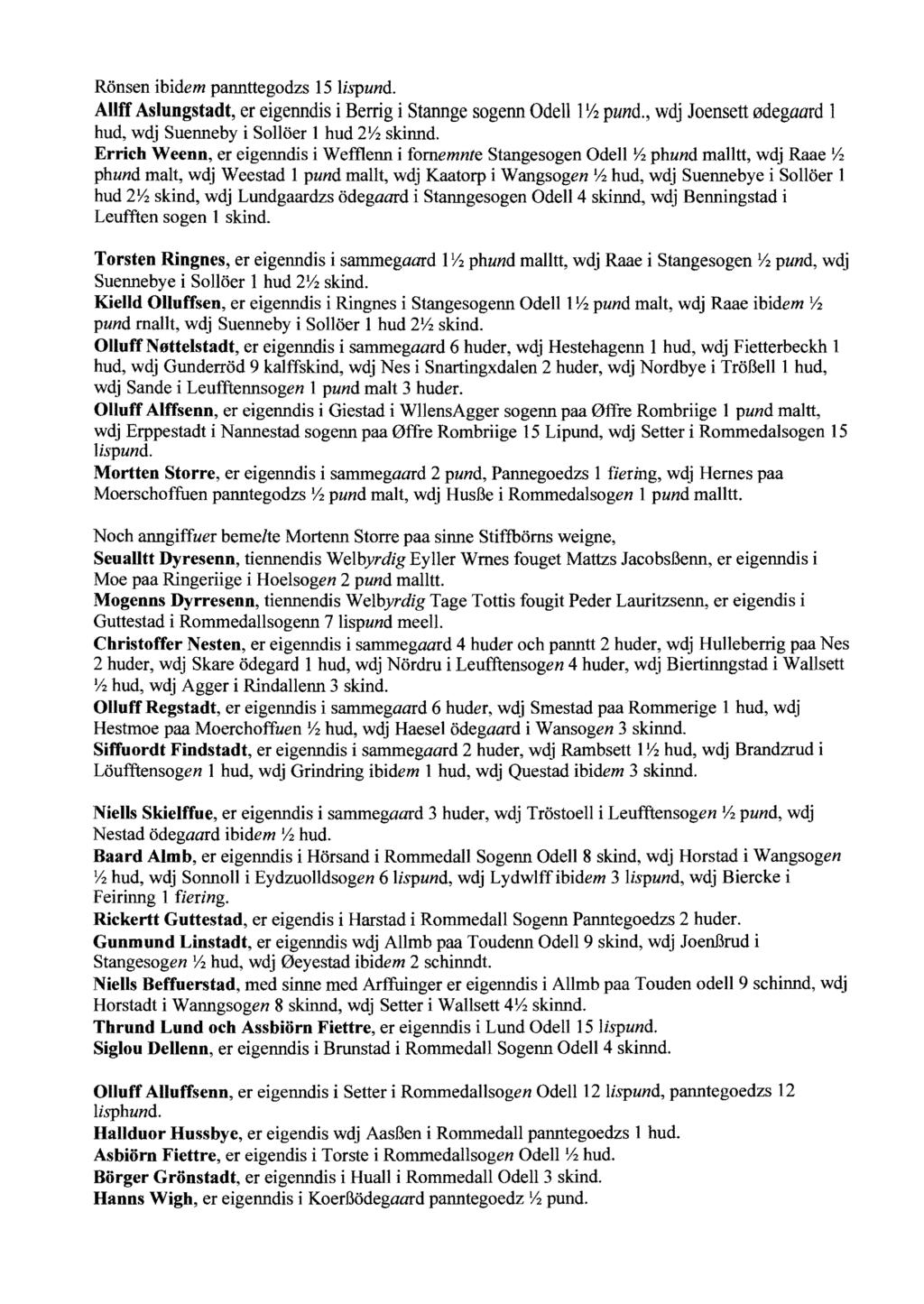 Ronsen ibidem pannttegodzs 15 lispund. AUff Aslungstadt, er eigenndis i Berrig i Stannge sogenn Odell 1Y2 pund., wdj Joensett ødegaard 1 hud, wdj Suenneby isolloer 1 hud 2Y:z skinnd.