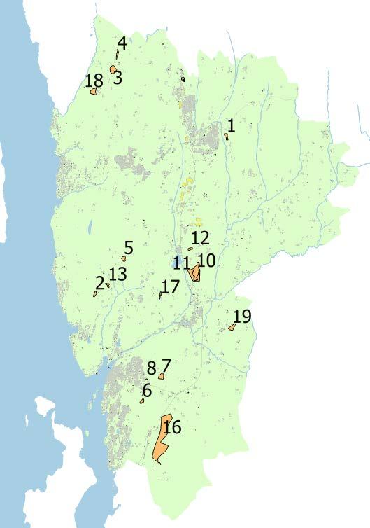 Områdene som er omtalt i Asplan Viak sin vurdering 1. Søndre Ålerud 2. Krokstrandveien 3. Galby 4. Haugen 5. Erikstadveien 6.