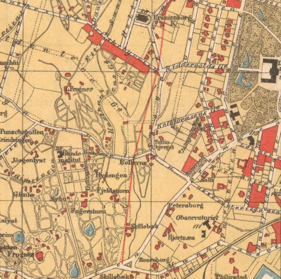 Kart over Christiania, 1883 Bygdøy allé og nedre del av Skovveien ikke etablert. Historisk bebyggelse inn mot gateløp inntegnet.