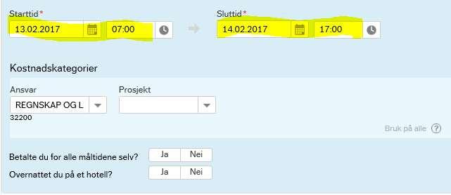 Ingen ansvar skal begynne på 0 Prosjekt Dersom reisen/utlegget skal føres på prosjekt, kan dette legges inn i feltet for prosjekt. Feltet kan også være blankt. Dersom du vet prosjektnr.