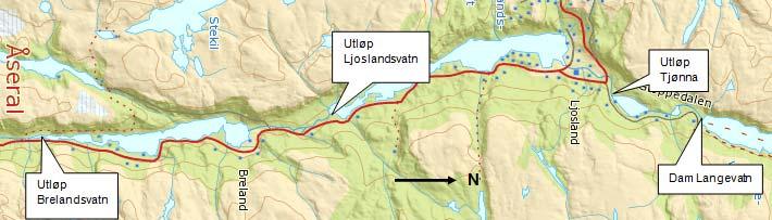 ÅSERALPROSJEKTENE 6 VANNFØRINGER I MONN MED ULIKE MINSTEVANNFØRINGSSLIPP Det er sett på vannføringsforholdene i Monn på strekningen fra dammen i Langevatn og ned mot inntak Monn.