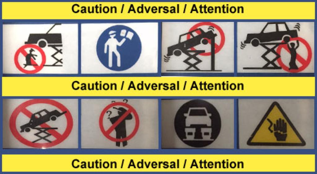 1.4 Advarselsetiketter Alle advarselsskilter plassert på løftebukken er der for å gjøre brukeren oppmerksom på eventuelle farer eller usikre situasjoner.