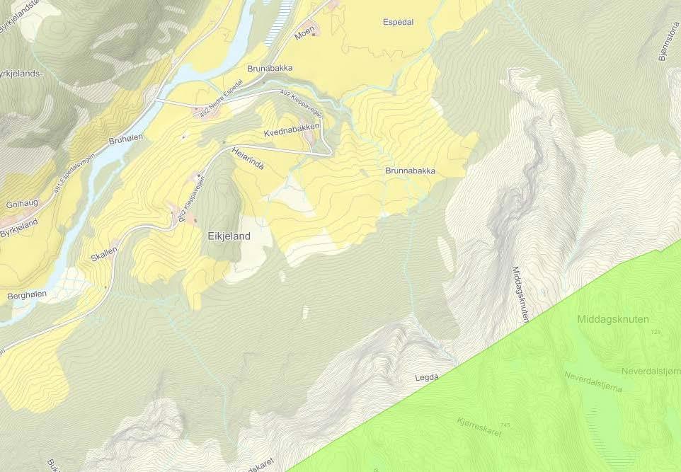 Figur 25: Regional friluftsområde Frafjord-Espedalsheia vises med grønn farge. 6.4.1.