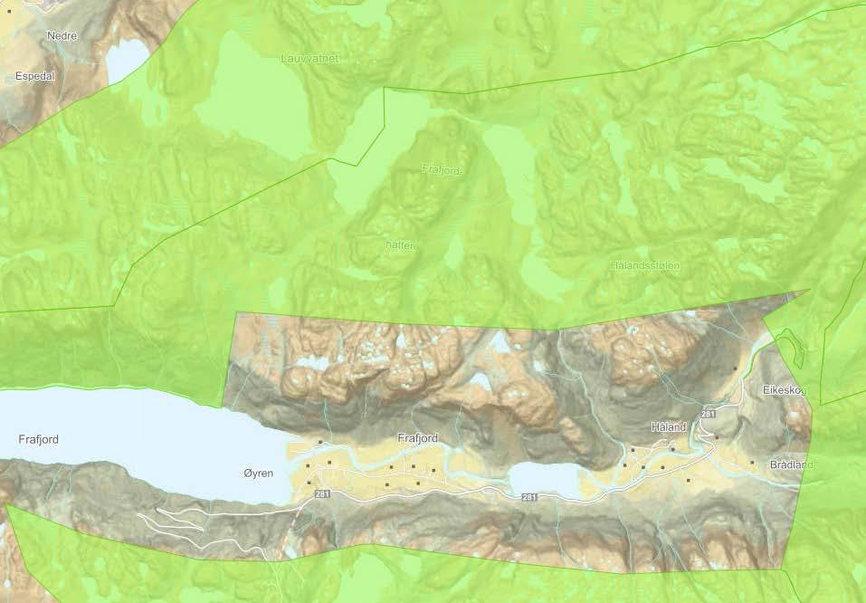 Figur 28: Områdene nord og øst for Frafjorddalen, markert med grønn farge, tilhører regionalt friluftsområde «Frafjord/Espedalsheiane» og sør for Frafjorddalen «Giljastølområdet». 6.4.2.1 Rangering og vurdering av konsekvens for de fem alternativene B3k, B2d, B7e, B7h, B7e.