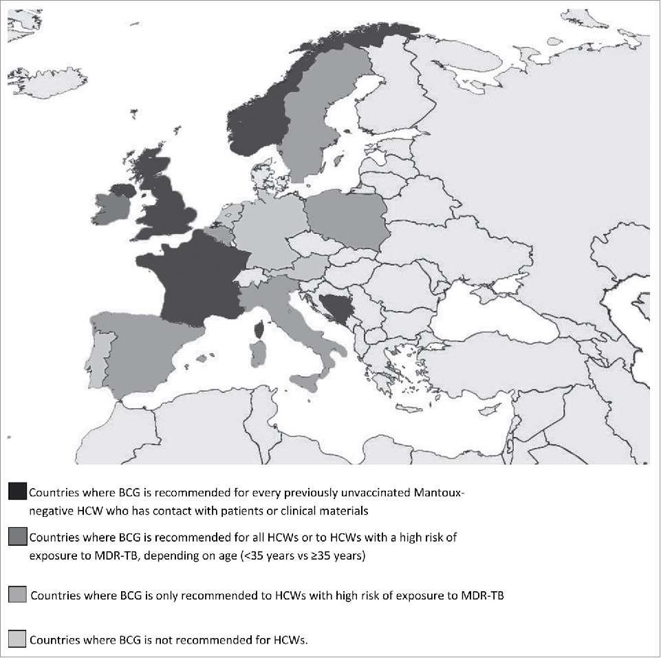 Figur 3, Bo & Zotti 2016: Europeiske BCG strategier for helsepersonell (8) Sverige har sommeren 2017 gitt ut nye retningslinjer, og vaksinerer ikke lenger helsepersonell eller personer over 35 år.