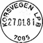 4 Type: I21 Fra gravør 19.08.1960 KORSVEGEN Innsendt?? Registrert brukt fra 21-12-60 TK til 26-1-71 RCK Stempel nr. 8 Type: I24N Utsendt?? KORSVEGEN LP A Innsendt?? 7085 Registrert brukt fra 24.