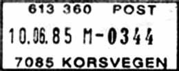 brukt fra 13-02-86 IWR til 09-07-92 IWR Forminsket stempelavtrykk Stempel nr. D1 Type: DN Utsendt?? POSTVERKET Litra M Innsendt?? 7085 KORSVEGEN Stempel nr. D2 Type: DNE Utsendt?