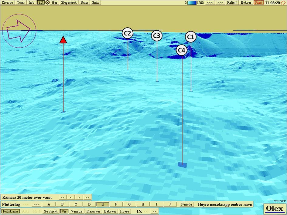 Figur 4. Tredimensjonalt Olex-kart av botn, med plassering av anlegg, grabbstasjonane C1 C4 (kvite) sirklar og posisjon for straummåling (raud trekant). Perspektivet er frå 20m over havet. Tabell 4.