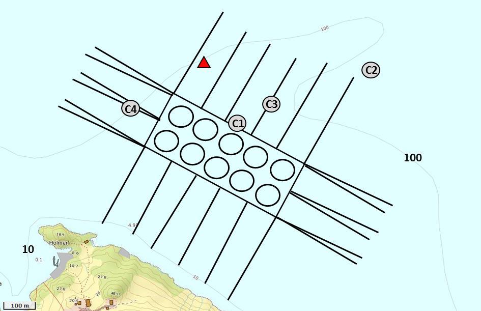 Djupnetilhøva ser ut til å vere forholdsvis like innanfor anleggsområdet, med jamt skrånande botn i retning mot nord (figur 3). Figur 3. Anlegget med fortøyingar slik det låg på granskingsdagen 4.