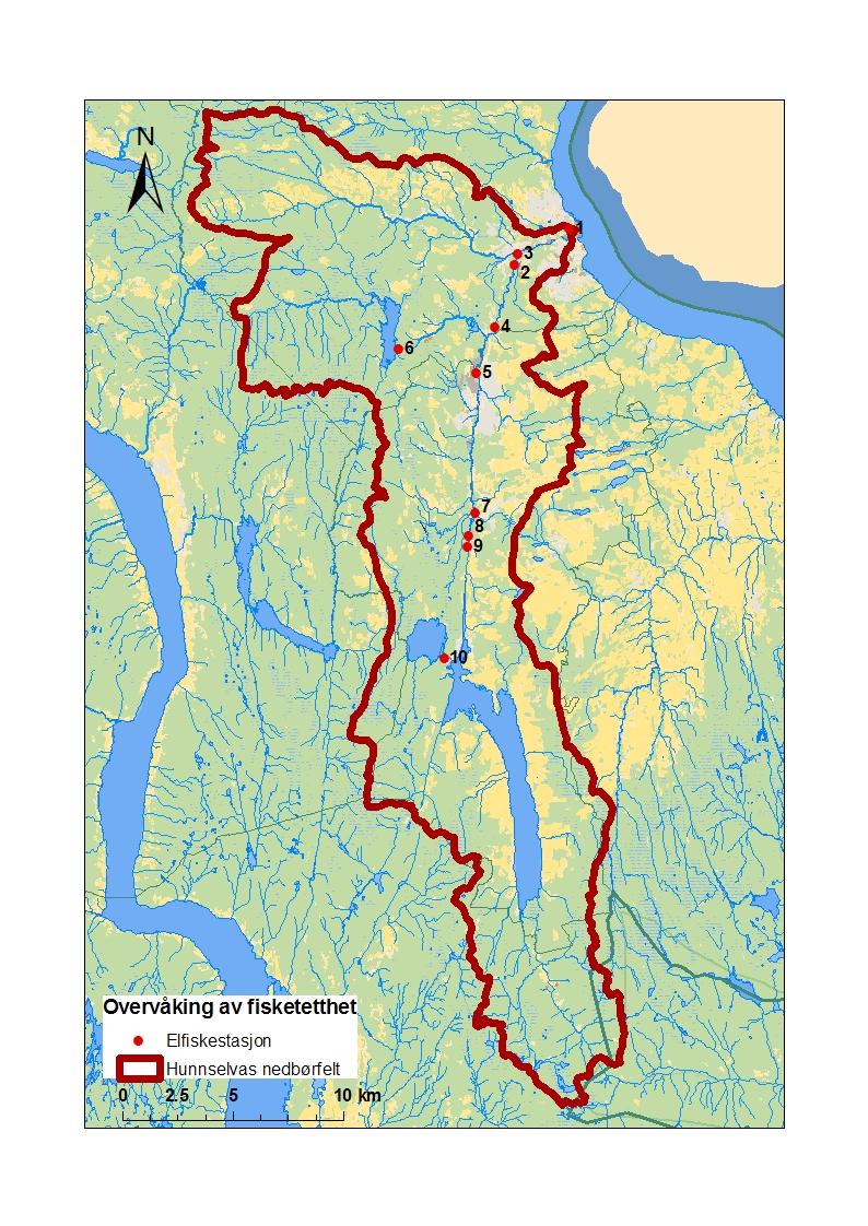 Figur 12 Oversiktskart over stasjonsnett i Hunnselva fra Einafjorden og til utløpet ved Gjøvik.