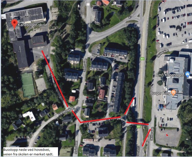 KART NR 2 KANEBOGEN SKOLE/SENTER Det er kun 1,3 km å gå fra Kanebogen skole til Stangneshallen, og 2,4 km til Seljestadhallen Ved å gå ned til RV 83 kan man reise med