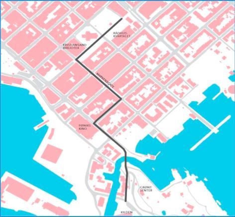 Området går fra Torvet til Odderøya og Kilden. Mindre arrangementer 6 arr. per gate/ inntil 2 dager per arr. Kl. 23.00/ fra kl. 17.