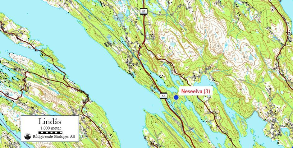 LINDÅS KOMMUNE Figur 5. Kart over prøvetakingsstaden i Neselva i innløpet av Hundvensvatnet.