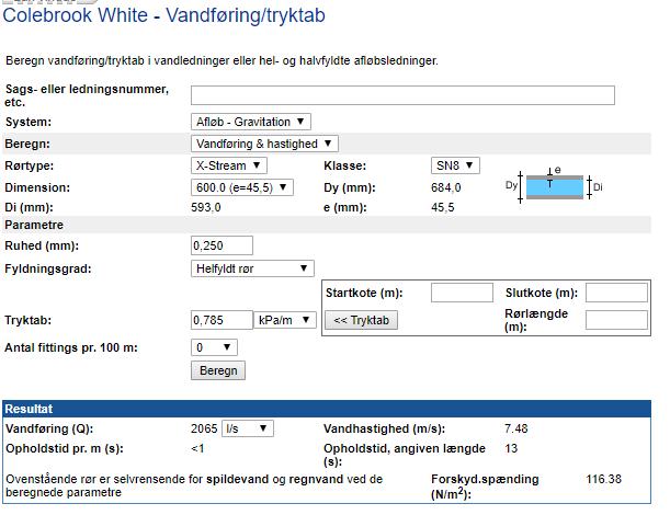 5 Figur 8 Colebrook White beregning av vannføring for stikkrenne ø600 Ø600 stikkrennene har en teoretisk kapasitet på i overkant av 2000 l/s jf. beregninger vist i fig.