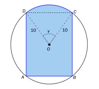 Oppgave 5 (5 poeng) Et rektangel ABCD er innskrevet i en sirkel. Sirkelen har sentrum i O og radius 0. Vi setter COD v, der 0 v. Se figuren nedenfor.