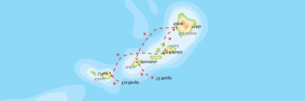 Dagsprogram Dag 1: Avreise Norge - Hawaii, Kauai Det er avreise fra Norge med ankomst på Kauai senere samme dag.