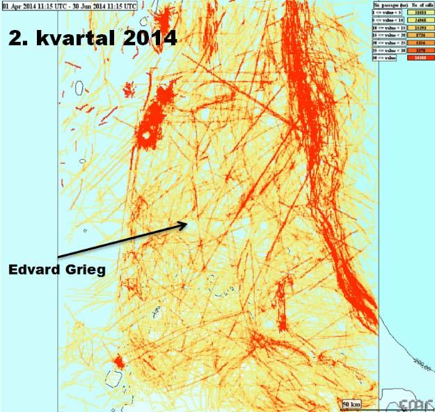 I perioden september-oktober er korteste avstand fra Edvard Grieg til sjøfuglområder med moderat/middels sårbarhet om lag 50 i nordøstlig retning.