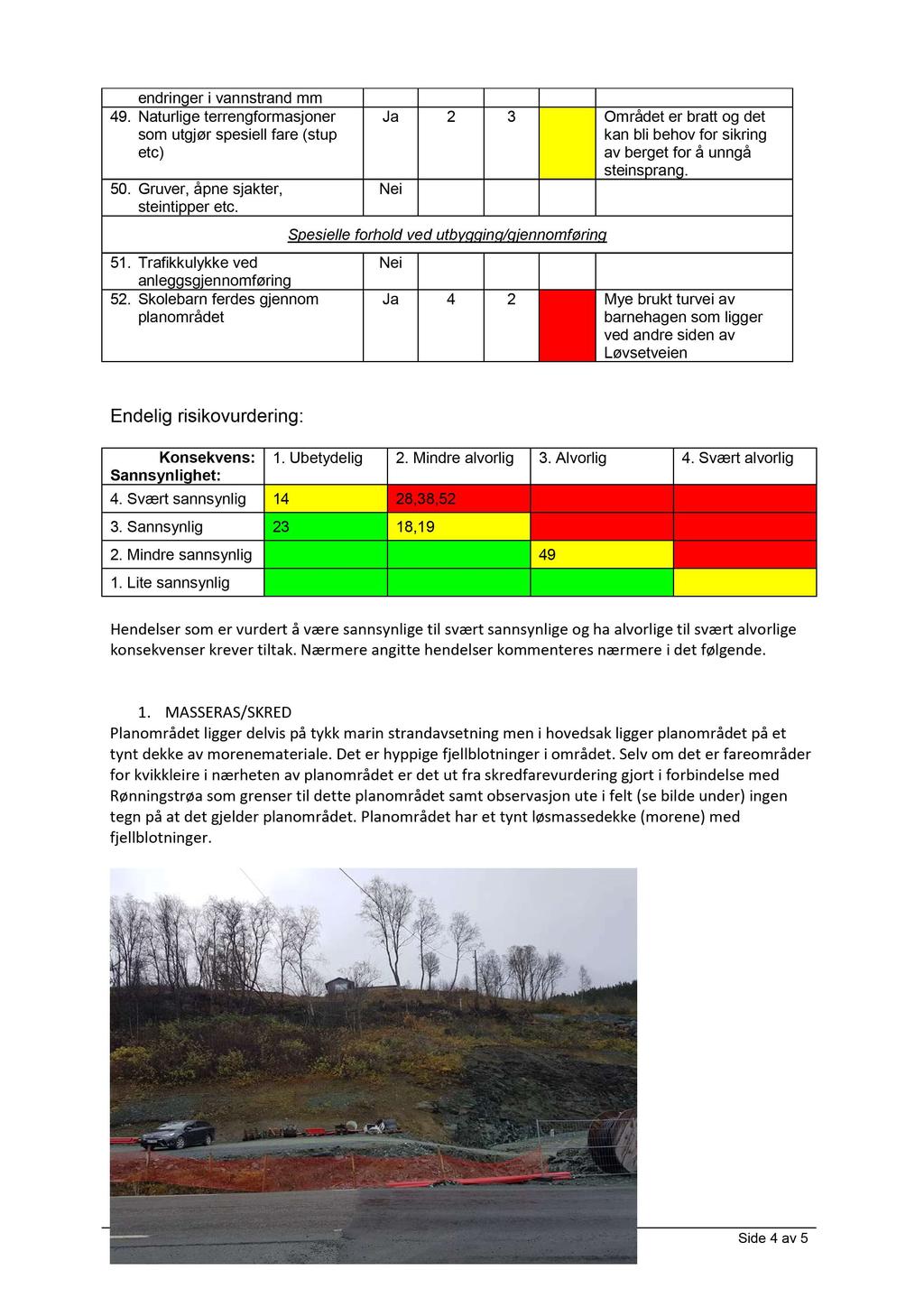 endrin ger i vannstrand mm 49. Naturlige terrengformasjoner som utgjør spesiell fare (stup etc) 50. Gruver, åpne sjakter, steintipper etc. 51. Trafikkulykke ved anleggsgjennomføring 52.