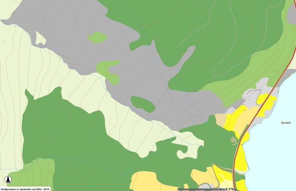 Figur 14. I influensområdet er det fjell i dagen (grått), impediment skog (hvit), skog av høy bonitet (mørk grønt) og dyrka mark (gult) (http://www.ngu.no/kart/arealis/).