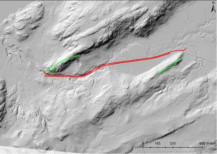 10 Figur 2-6 viser oversikt over planområdet med bruk av skyggelegging for å få frem geologiske strukturer. Svakhetssonene er markert med grønn farge i figuren.