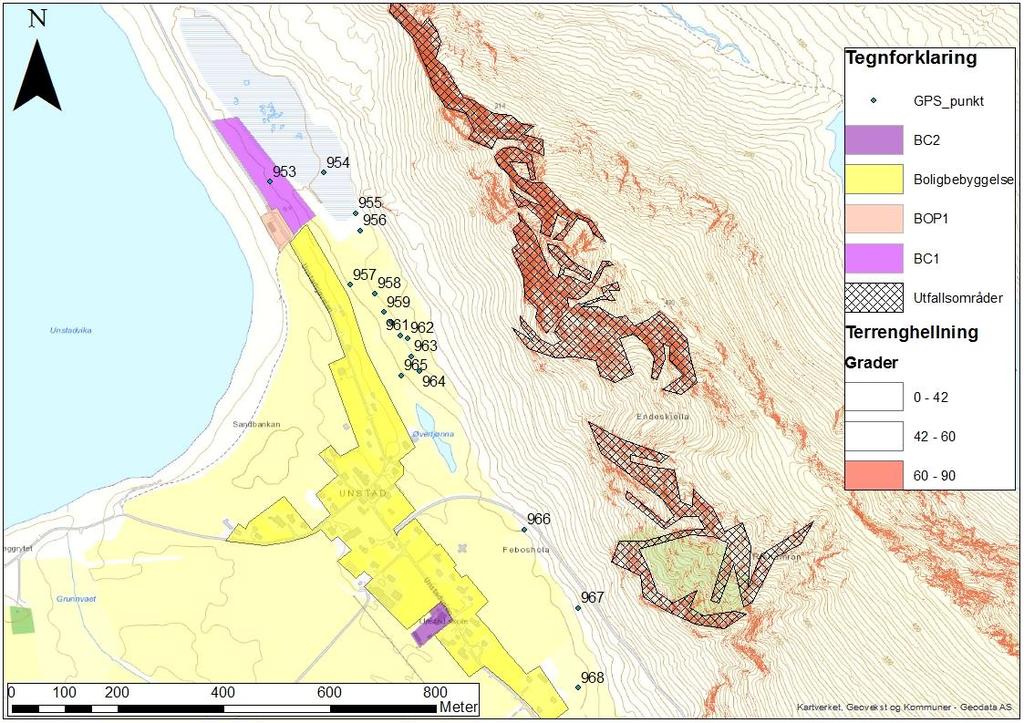 Figur 28 Kart som viser aktuelle områder for utløsning av steinsprang som har retning mot delplanområdene.