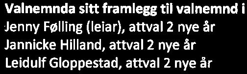 : Henrik Oppen, attval l nytt år Styremedlem: Olin Johanne Henden, attval 2 nye år Personleg vararepr. : Hogne Bleie, attval 2 nye år Frå BKK: Nestleiar: Ketil Konglevoll, ny l år Personleg vararepr.