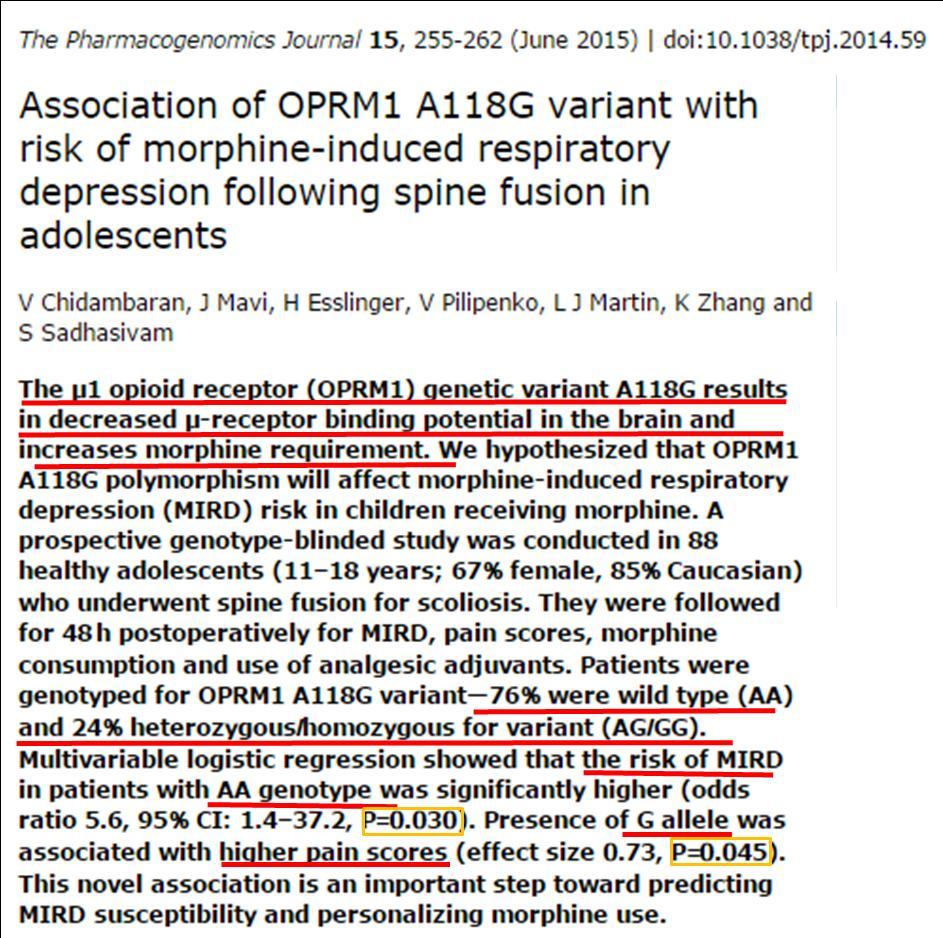 Reseptor-genetikk og klinisk respons OPRM1 118 A>G gir aminosyrebytte fra asparagin til aspartat Endret følsomhet