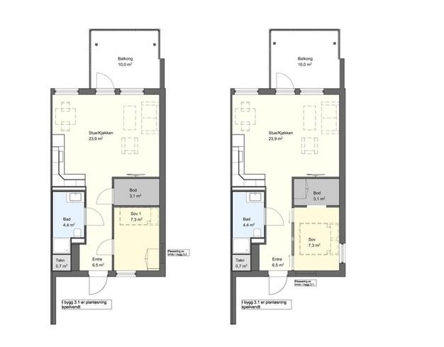 2-roms leilighet Areal: 47 m2 BRA Balkong: 10 m2 BRA En 2-roms leilighet består av åpen stue og kjøkken-løsning, soverom, romslig bad, entré og bod.