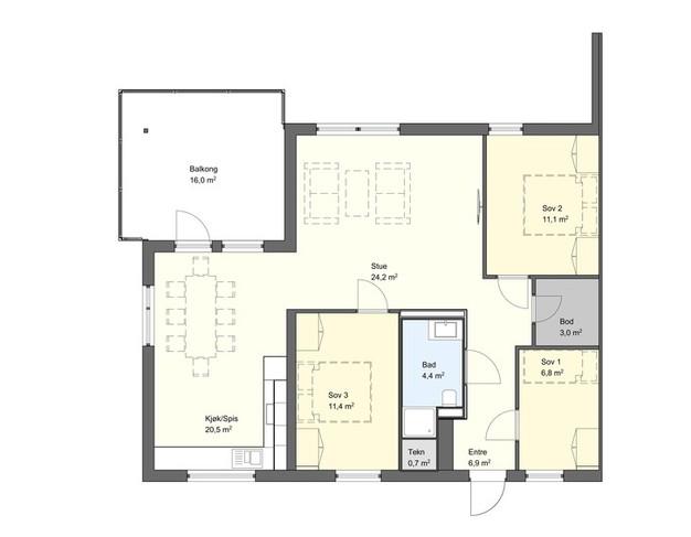 4-roms leilighet Areal: 93 m2 BRA Balkong: 16 m2 BRA En 4-roms leilighet har romslig stue, kjøkken med god plass til spisestue, tre soverom, bad, entré og bod.