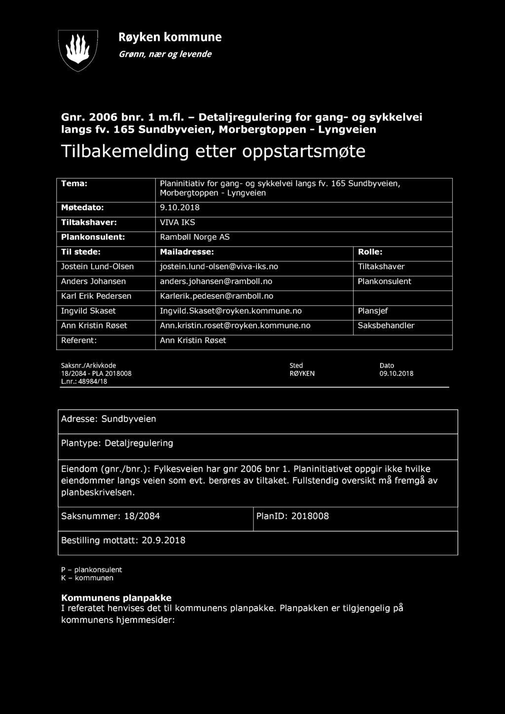 Røyken kommune Grønn, nær og levende Gnr. 2006 bnr. 1 m.fl. Detaljregulering for gang- og sykkelvei langs fv.