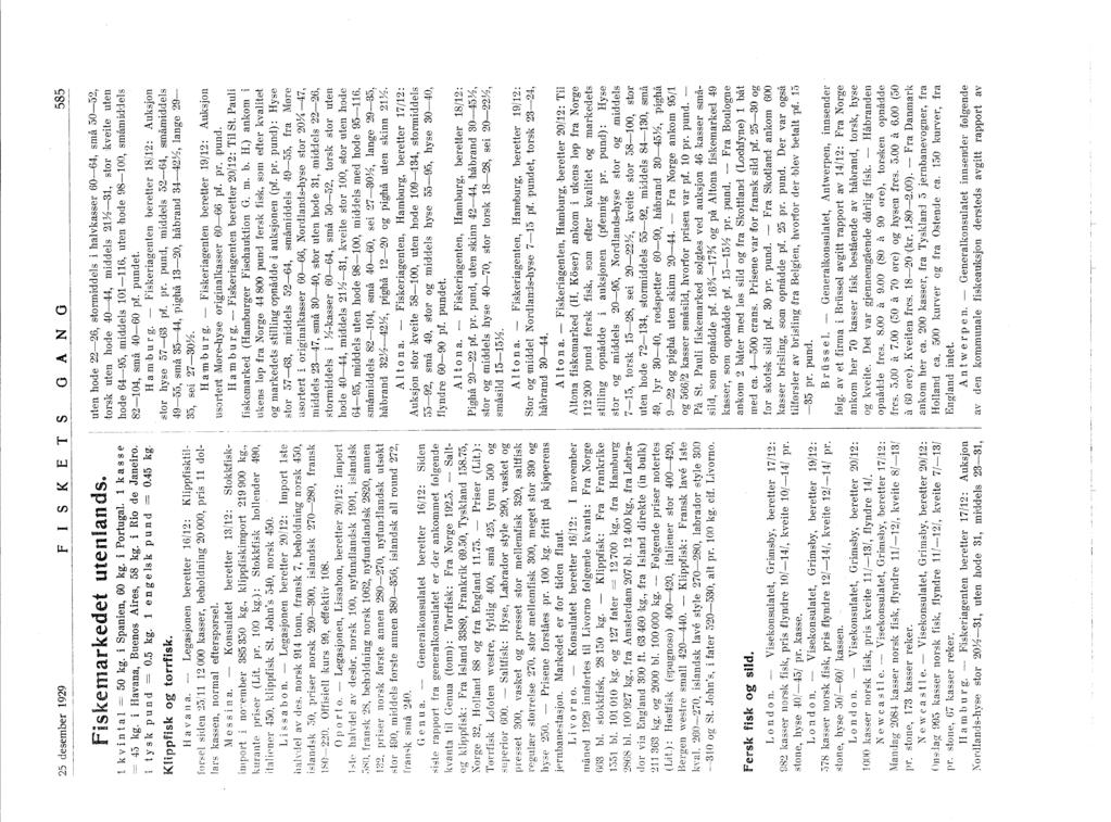 25 desember 929 FS K E TS o A N O 585 Fiskemarkedet utenlandso k v i n t a l = 50 kg. i Spanien, 60 kg. i Portugal. k ass e = 45 kg. i Havana, Buenos Aires, 58 kg. i Rio de Janeiro.