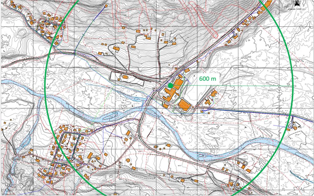 Fig 2: Innenfor 600 m radius fra Atrå skole ligger de mest sentrale funksjonene og boligområdene i Atrå Innenfor det ovenfor definerte tyngdepunktet i Atrå er det trukket en tettstedsgrense.