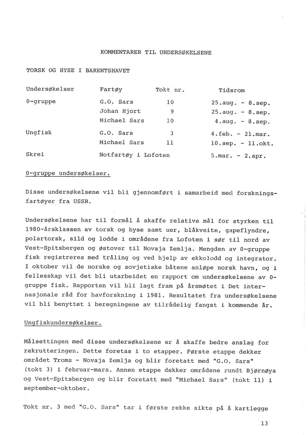 KOMMENTARER TIL UNDERSØKELSENE TORSK OG HYSE I BARENTSHAVET UndersØkelser Far tøy Tokt. nr.. O-gruppe G.O. Sars lo Johan Hjort 9 Michael Sars lo Ungfisk G.. O.. Sars 3 Michael Sars 11 Skrei NotfartØy i Lofoten Tidsrom 25.