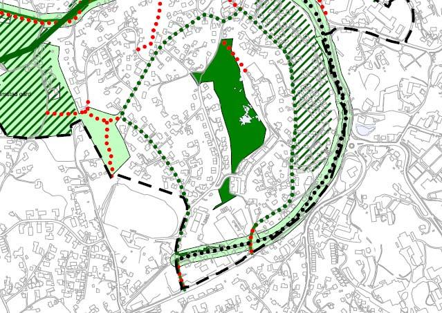 5.4.2 Temakart Landskap grøntstruktur (kdp Ny-Paradis, Hop, Nesttun, Nesttun Vest) Planområdet er markert med blå sirkel. Illustrasjonen under viser grøntområder og gangsykkelstier i nærområdet.