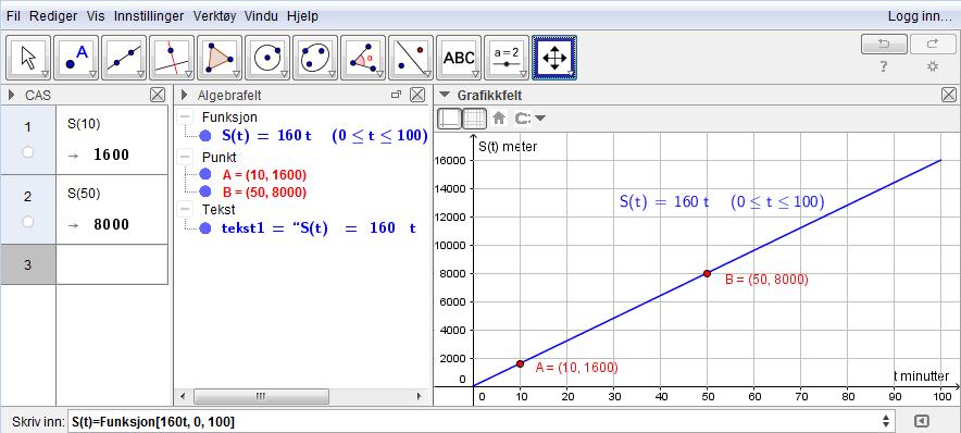 Hvordan tegne grafer til funksjoner ved hjelp av digitale verktøy I GeoGebra kan vi bruke kommandoen «Funksjon[ <Funksjon>, <Start>, <Slutt> ]», og vi skriver Funksjon[160 t,0,100] S t i