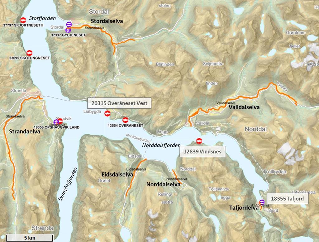 Figur 1. Kart over fjordsystemet hvor det har forekommet rømmingshendelser fra tre anlegg.
