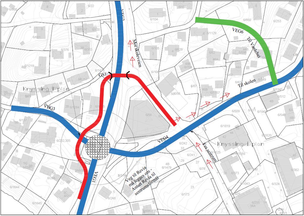 Alternativ 300A-Søndre alternativ: I dette alternativet plasseres rundkjøringen sør for Trekanten og kulverten i østvestlig kryssing legges nord for Trekanten.