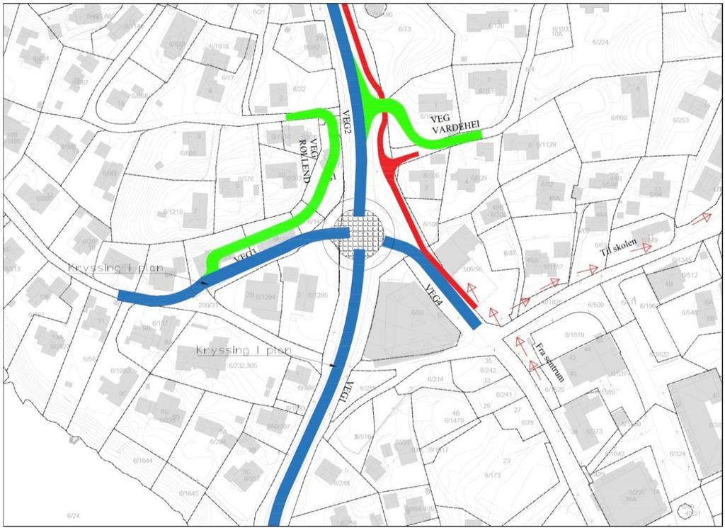 Alternativ 400A- Nordre alternativ: Rundkjøring nord for trekanten med T-kryss ved Vardeheivegen og sideveg Røllend ned til Nesvegen.