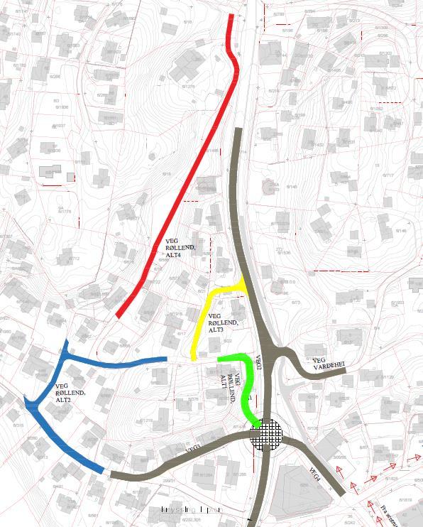 Alternativ 400D-Rundkjøring med ulike løsninger for Røllend: Etter førstegangsbehandling og endt høringsperioden ble det sette på flere mulige løsninger for Røllend, da denne ikke var