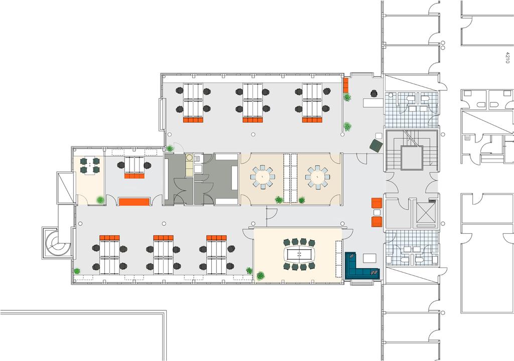 4. etasje / 503 kvm Arbeidsplasser Åpent landskap Møterom Kontor 24 stk 4 stk 1 stk RESEPSJON