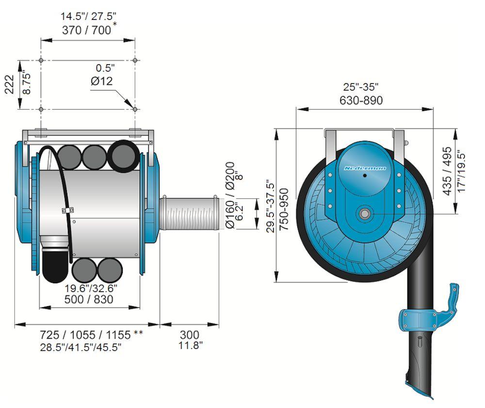 150 mm (6 ), 5 m (16 ) For exhaust extraction systems in vehicle repair shops where engines are running without load and with low rpm s, the following air flows can be