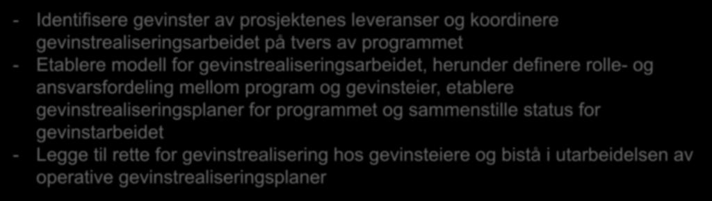 Etablere modell for gevinstrealiseringsarbeidet, herunder definere rolle- og ansvarsfordeling mellom program og gevinsteier, etablere gevinstrealiseringsplaner for