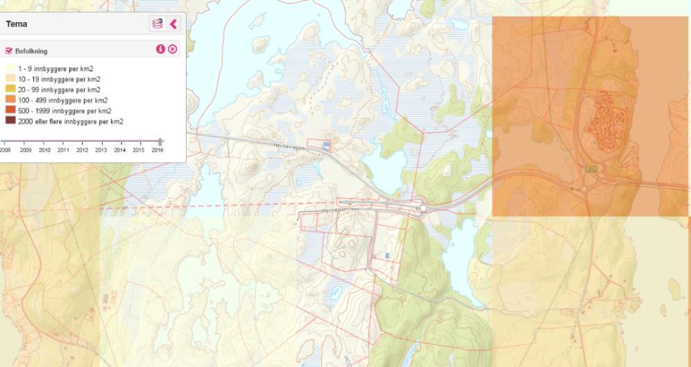 900 meter sørøst for planområdet. Figur 7. Befolkningstetthet (til venstre) og boligbebyggelse (til høyre) i nærområdet.