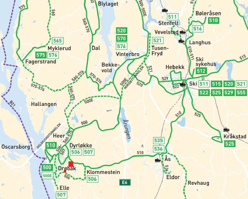 PLANOMRÅDET 24 Figur 4-9 Linjekart for buss i Folloregionen (RUTER) røde bokser indikerer Kolstad og Klommestein 4.